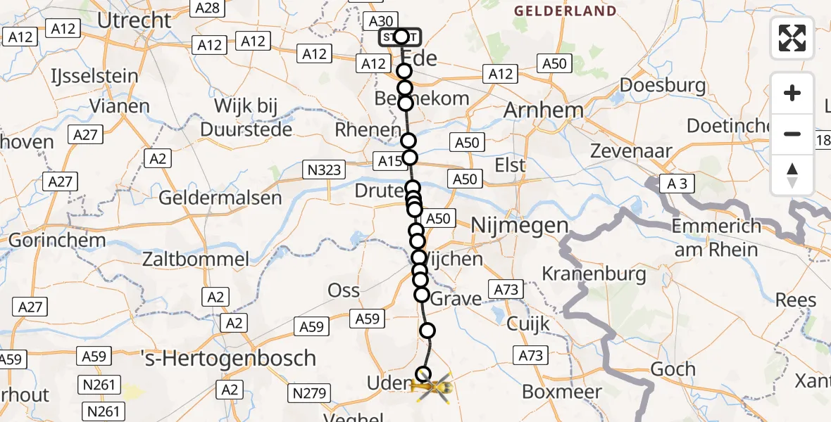 Vluchtroute Traumahelikopter Lunteren - Vliegbasis Volkel, 03 maart 2024, 00:33