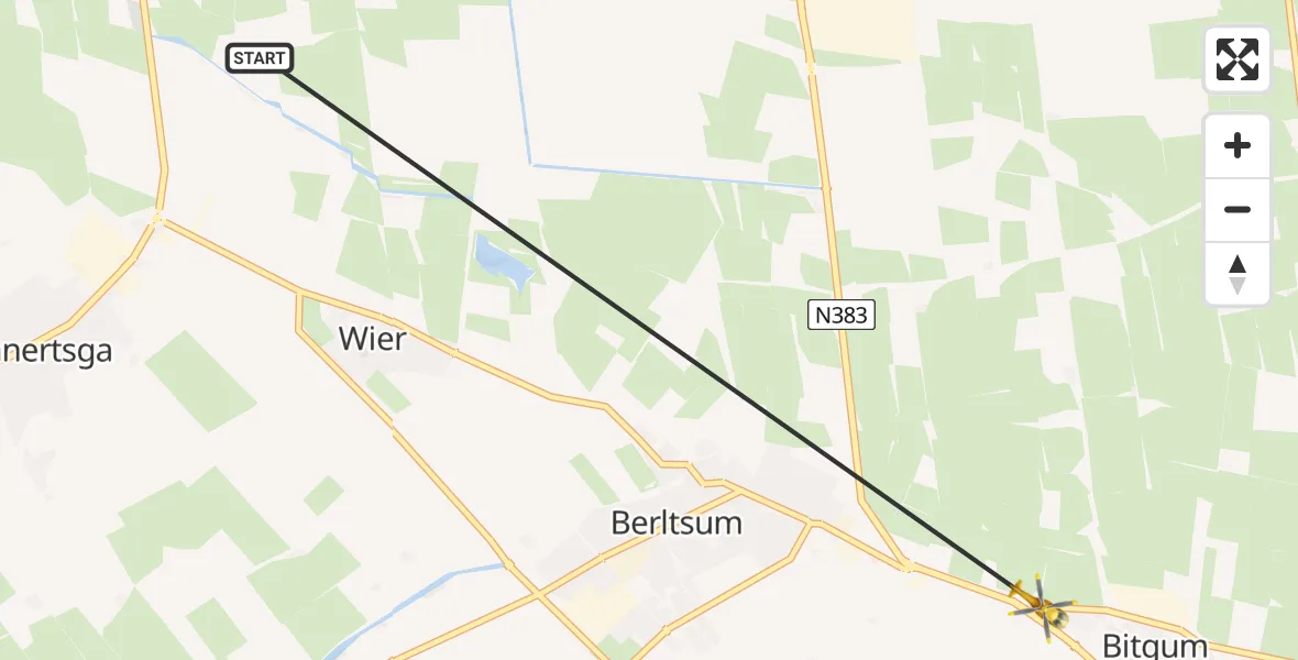 Vluchtroute Ambulancehelikopter St.-Jacobiparochie - Bitgum, 03 maart 2024, 10:08