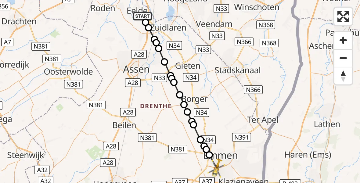 Vluchtroute Traumahelikopter Groningen Airport Eelde - Emmen, 03 maart 2024, 10:27
