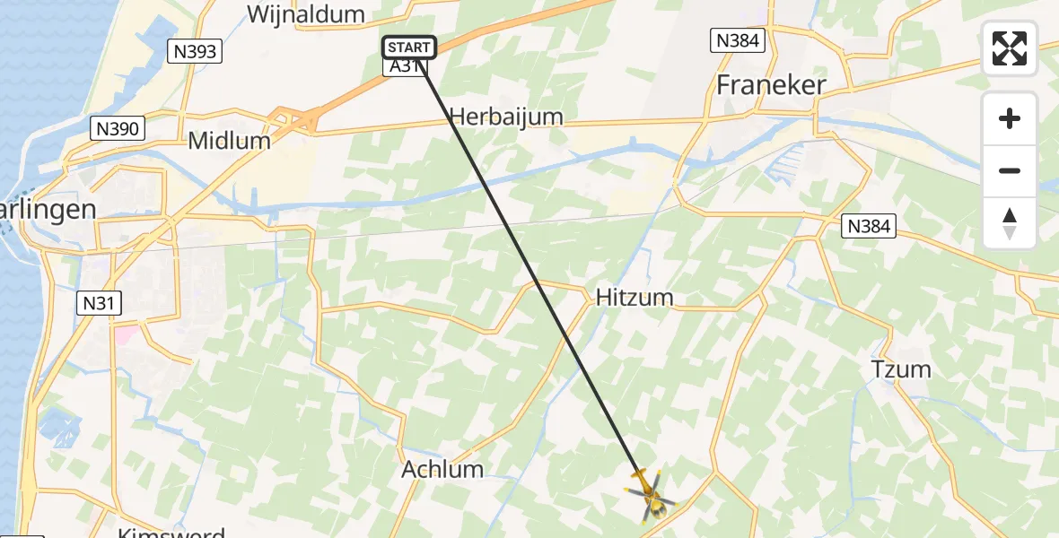 Vluchtroute Ambulancehelikopter van Wijnaldum naar Lollum