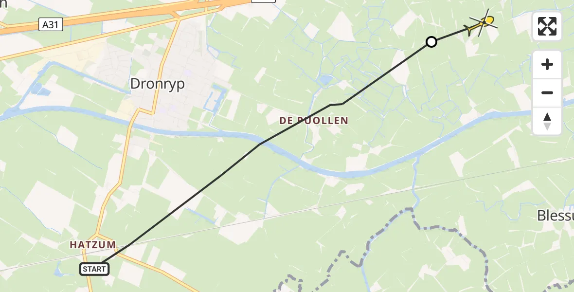 Routekaart van de vlucht: Ambulancehelikopter naar Marsum, Headyk