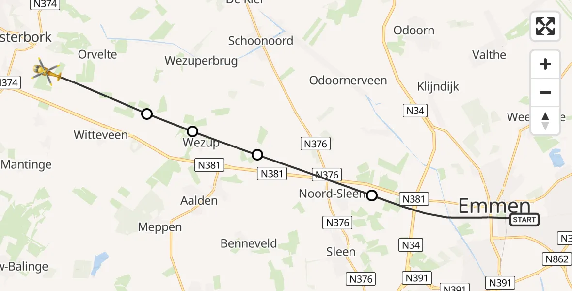 Vluchtroute Traumahelikopter Emmen - Witteveen, 03 maart 2024, 11:51