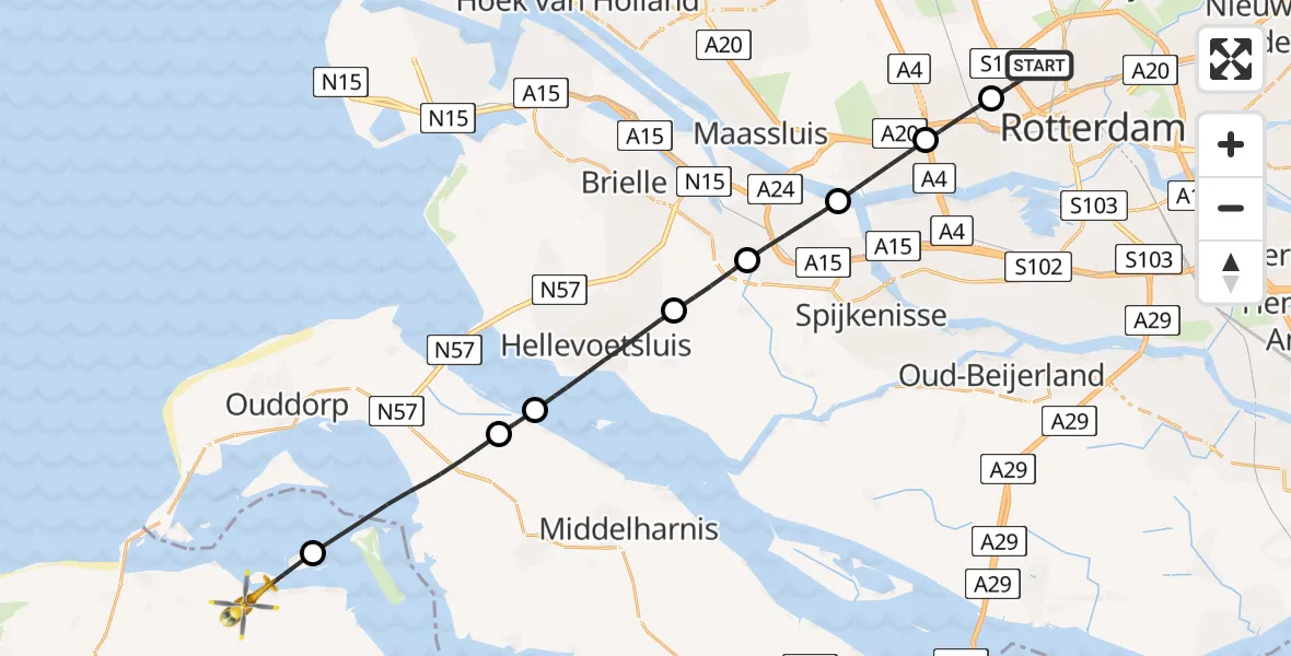 Vluchtroute Traumahelikopter Rotterdam The Hague Airport - Brouwershaven, 03 maart 2024, 12:25