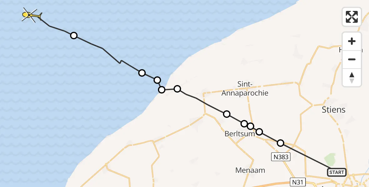 Routekaart van de vlucht: Ambulancehelikopter naar Oosterend, It Bosk