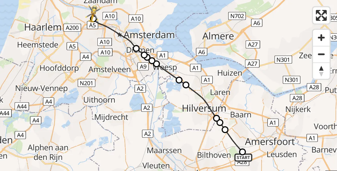 Vluchtroute Traumahelikopter van Soesterberg naar Amsterdam Heliport