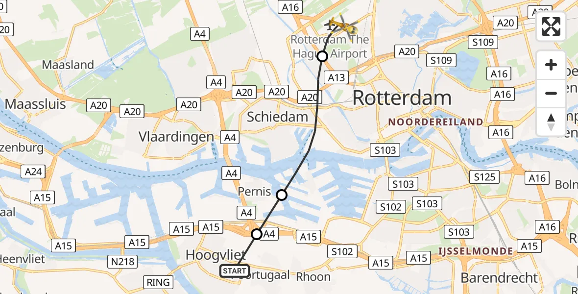 Vluchtroute Traumahelikopter Hoogvliet - Rotterdam The Hague Airport, 03 maart 2024, 13:29