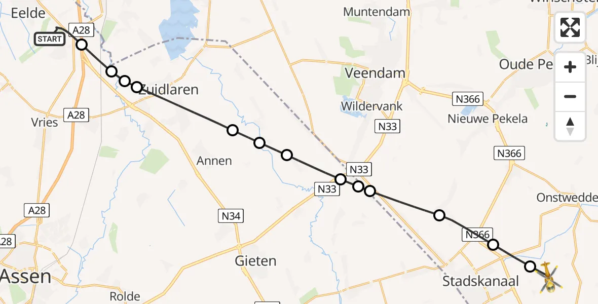 Vluchtroute Traumahelikopter Groningen Airport Eelde - Vliegveld Stadskanaal, 03 maart 2024, 14:09