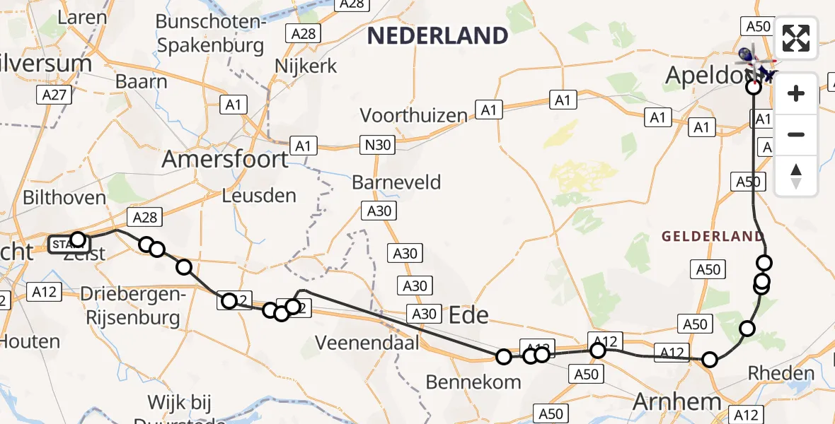 Vluchtroute Politiehelikopter De Bilt - Apeldoorn, 03 maart 2024, 14:35