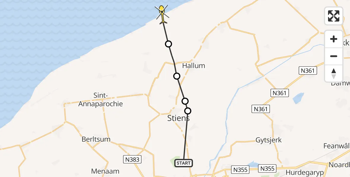 Routekaart van de vlucht: Ambulancehelikopter naar Marrum, Truerderdyk