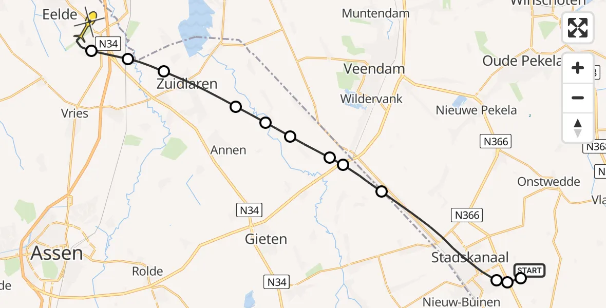 Routekaart van de vlucht: Lifeliner 4 naar Groningen Airport Eelde, A.G. Wildervanckweg