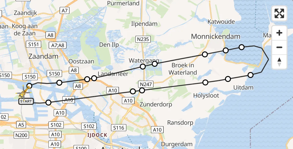 Vluchtroute Traumahelikopter van Amsterdam Heliport naar Amsterdam Heliport