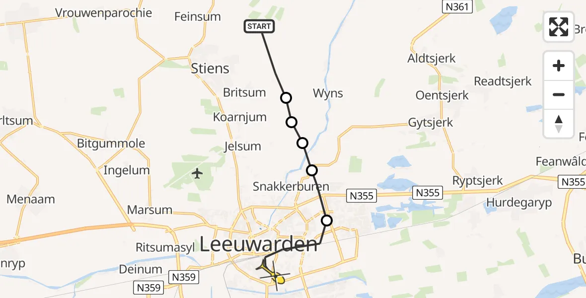 Routekaart van de vlucht: Ambulancehelikopter naar Leeuwarden, Trijehoeksdyk