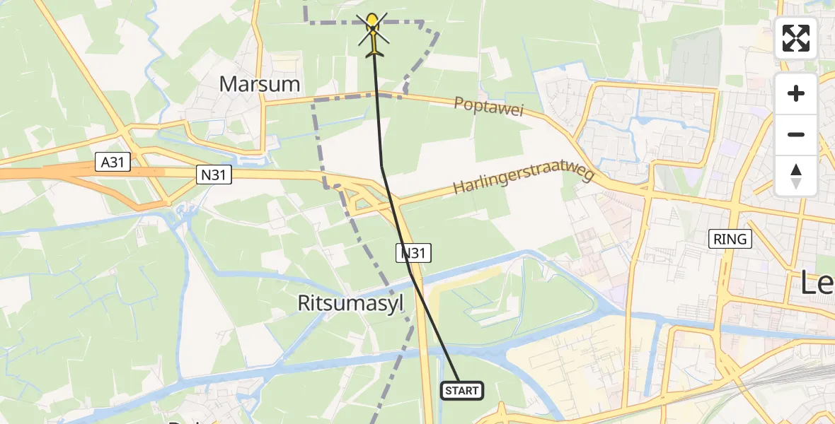 Vluchtroute Ambulancehelikopter van Leeuwarden naar Marsum
