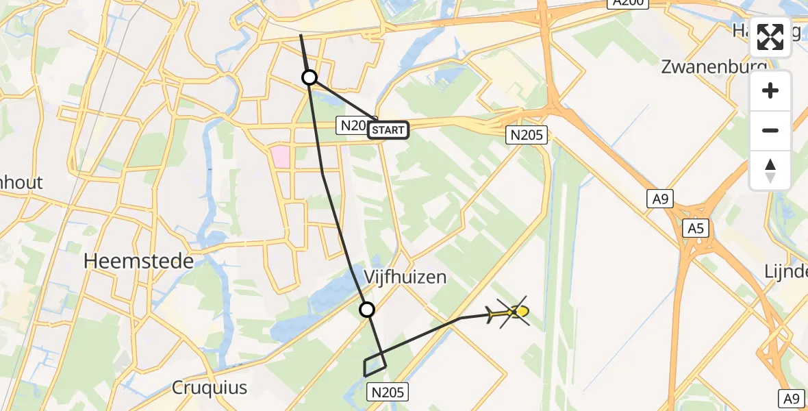 Routekaart van de vlucht: Politieheli naar Vijfhuizen, De Genestetstraat