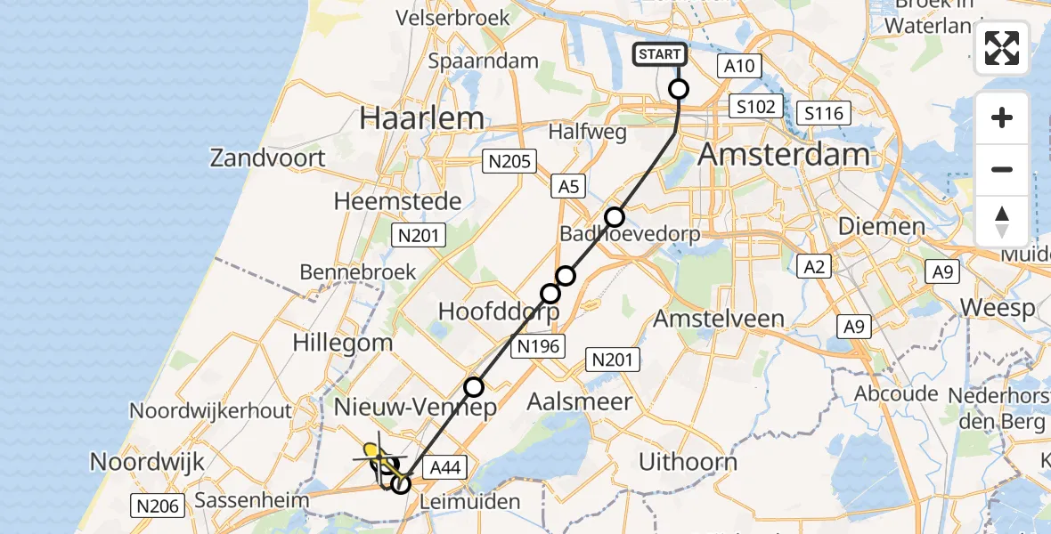 Routekaart van de vlucht: Lifeliner 1 naar Nieuw-Vennep, Westhavenweg