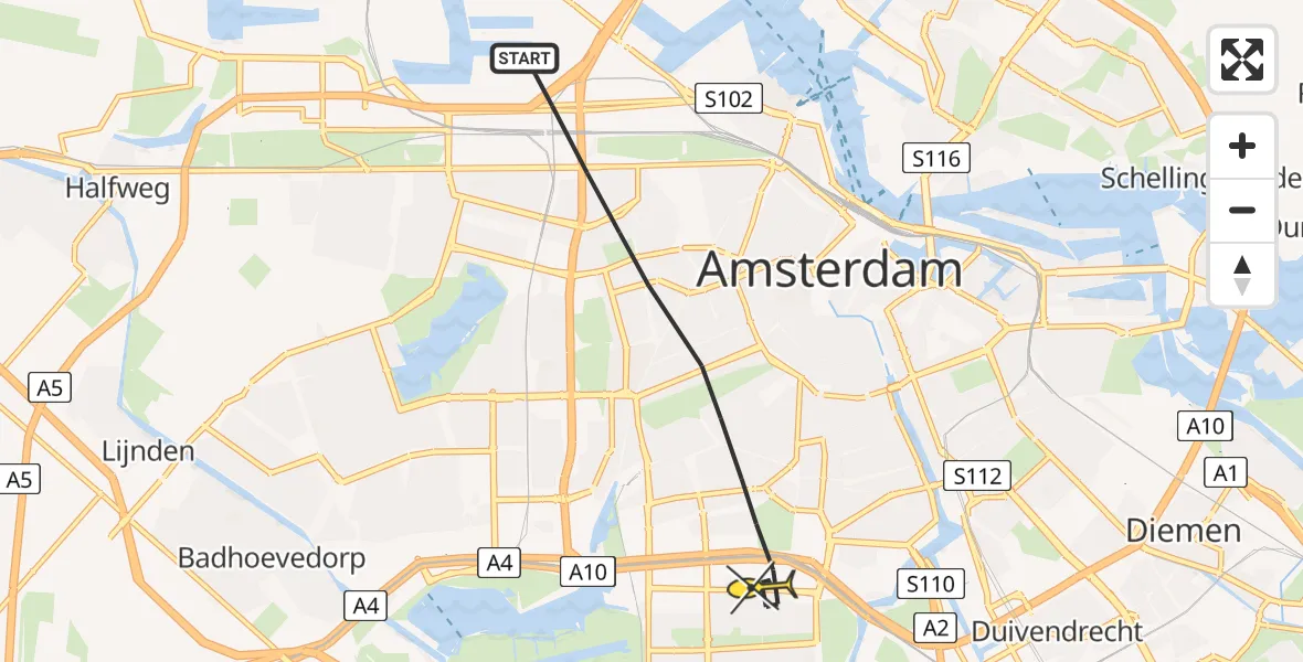 Routekaart van de vlucht: Lifeliner 1 naar Amsterdam, Admiraal De Ruijterweg