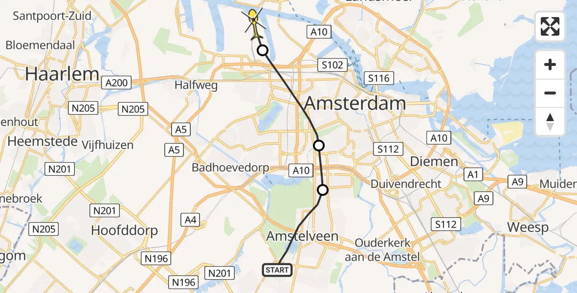 Routekaart van de vlucht: Lifeliner 1 naar Amsterdam Heliport, Noorddammerlaan