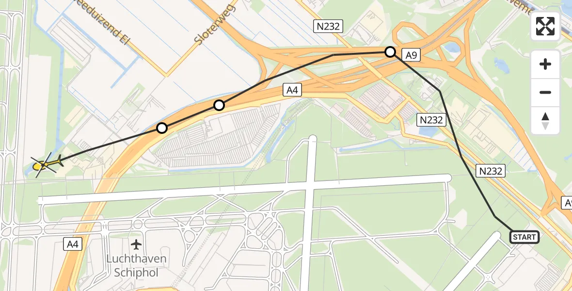 Routekaart van de vlucht: Politiehelikopter naar Luchthaven Schiphol, Schipholweg