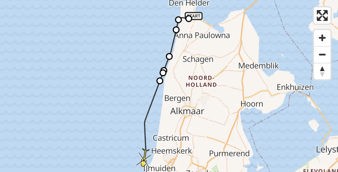 Routekaart van de vlucht: Kustwachthelikopter naar Middenvliet