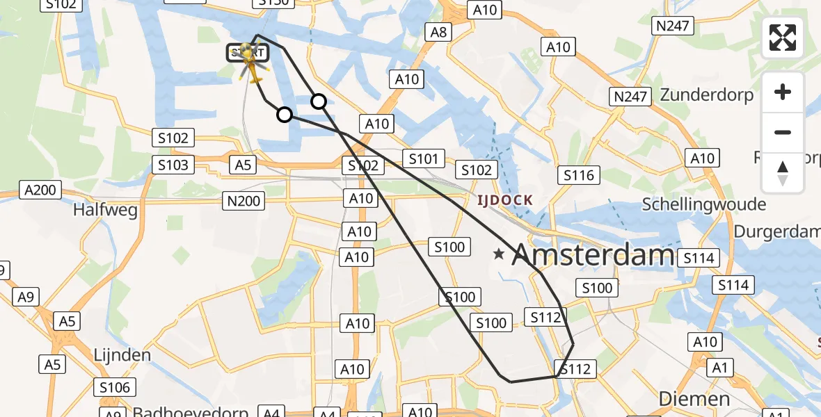 Vluchtroute Traumahelikopter van Amsterdam Heliport naar Amsterdam Heliport