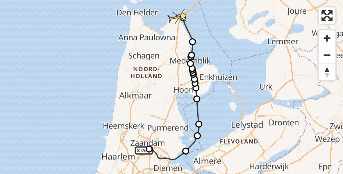 Routekaart van de vlucht: Kustwachthelikopter naar Den Oever, Symon Spiersweg