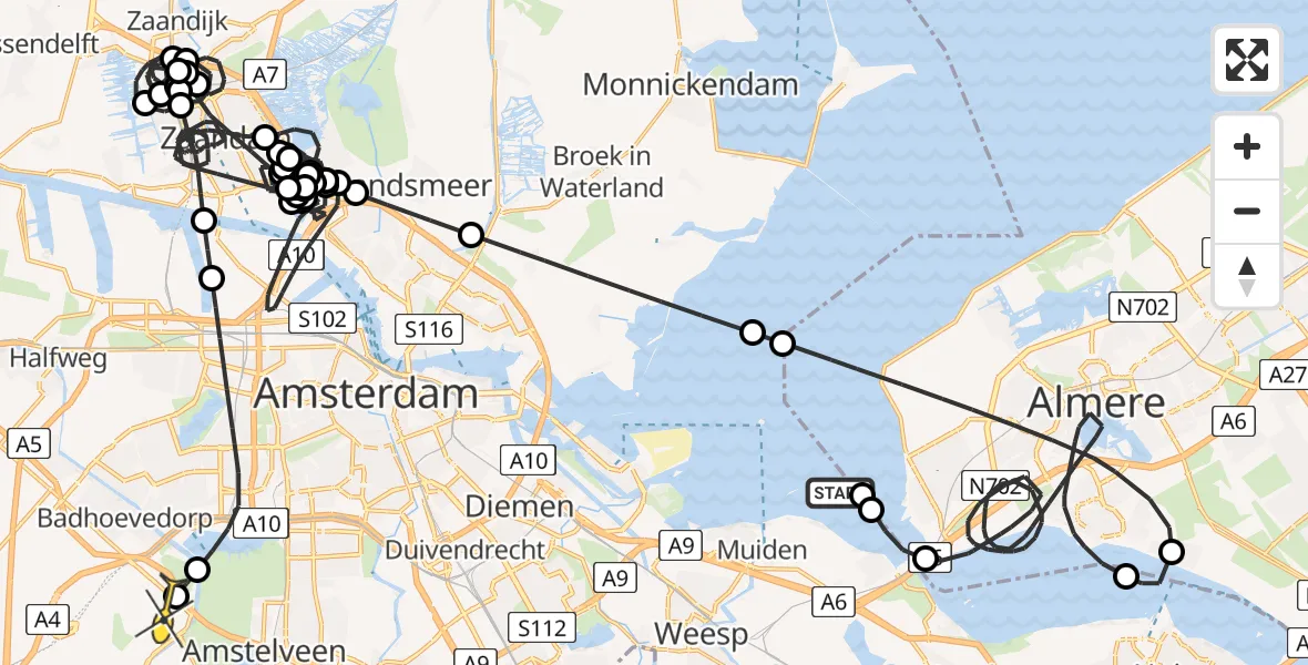 Routekaart van de vlucht: Politieheli naar Schiphol, Markermeer & IJmeer