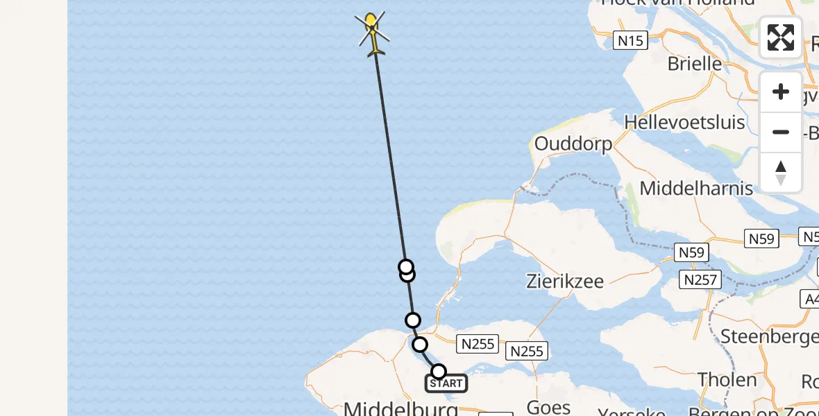 Routekaart van de vlucht: Kustwachthelikopter naar Haringvreter