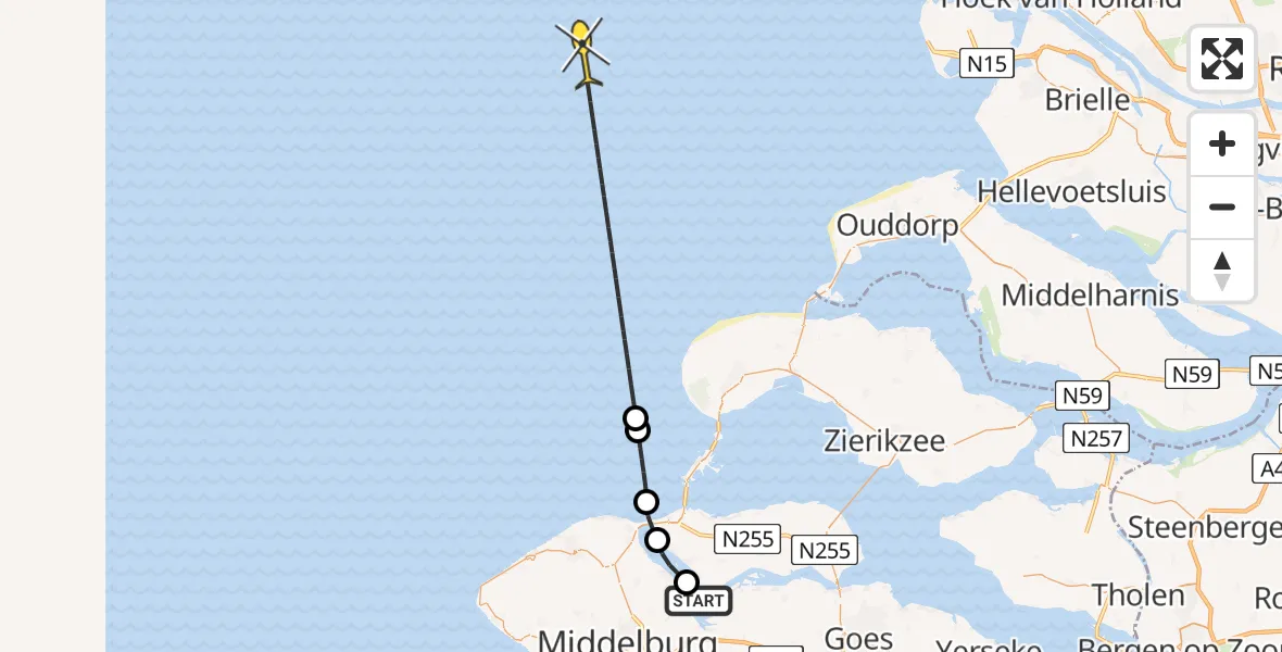 Vluchtroute  van Kamperland naar 