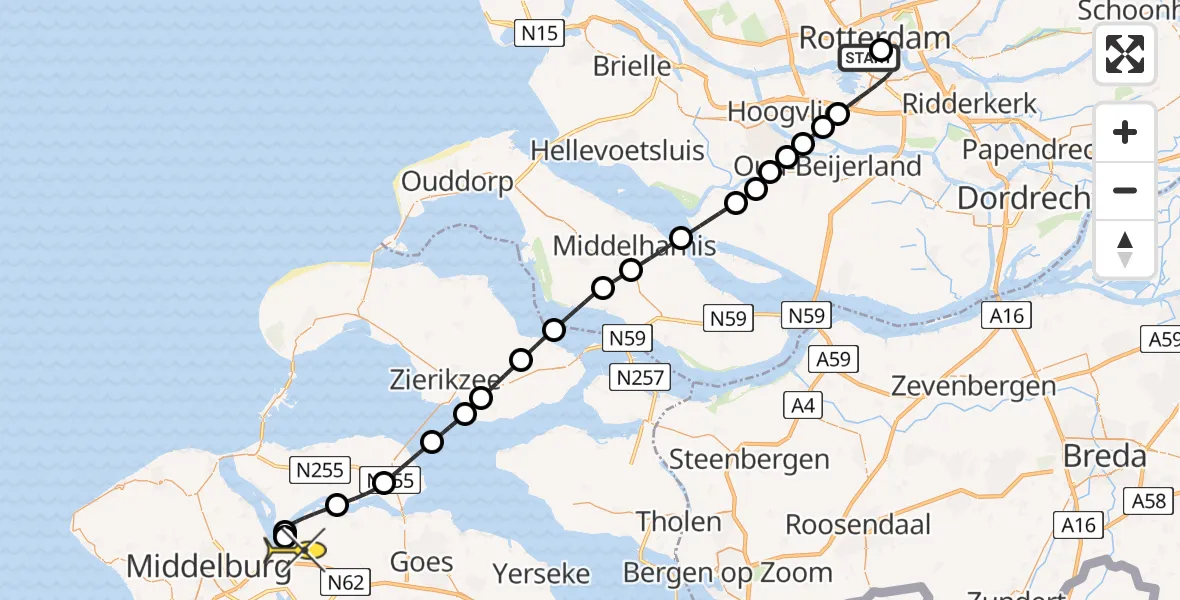 Routekaart van de vlucht: Kustwachthelikopter naar Vliegveld Midden-Zeeland, Boompjes