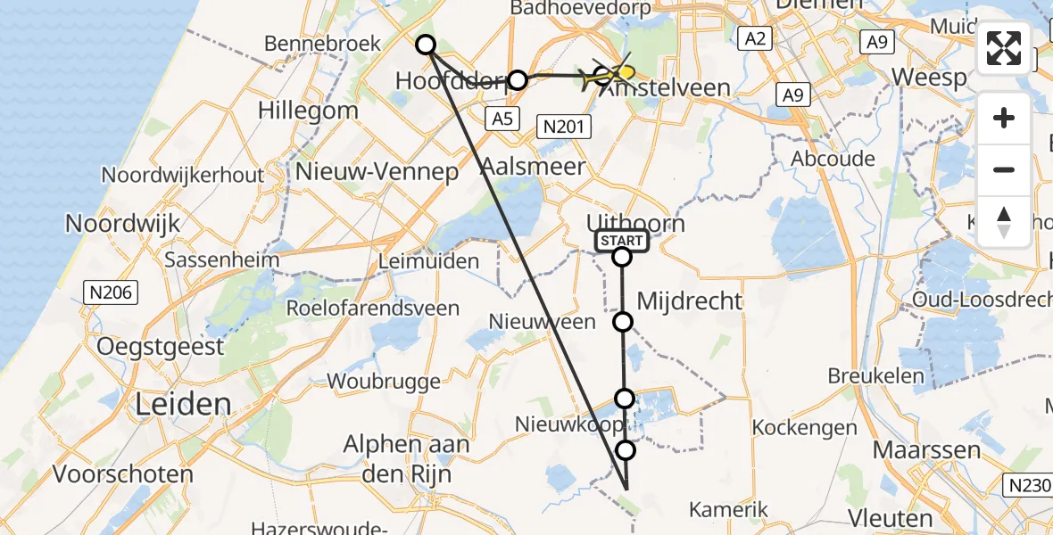 Routekaart van de vlucht: Politieheli naar Schiphol, De Hoef Westzijde