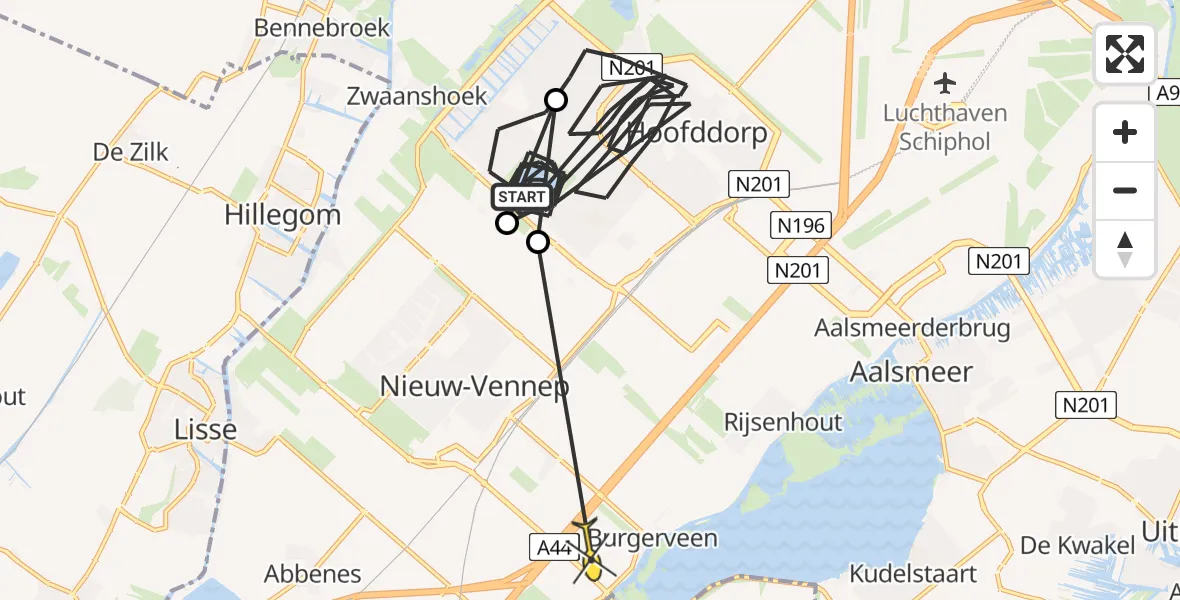 Routekaart van de vlucht: Politiehelikopter naar Leimuiderbrug, Dussenstraat