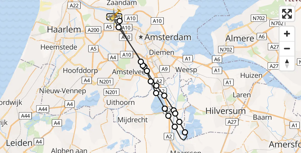 Vluchtroute Traumahelikopter van Amsterdam Heliport naar Amsterdam Heliport