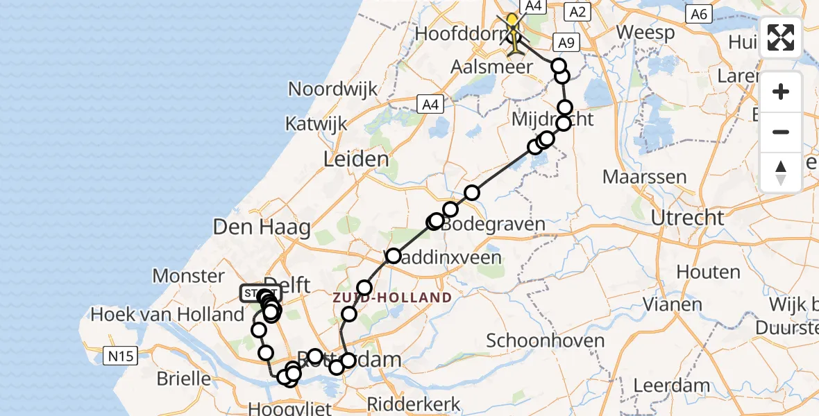 Routekaart van de vlucht: Politieheli naar Schiphol, Woudseweg
