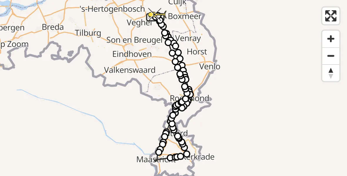 Routekaart van de vlucht: Politieheli naar Vliegbasis Volkel, Dennenstraat