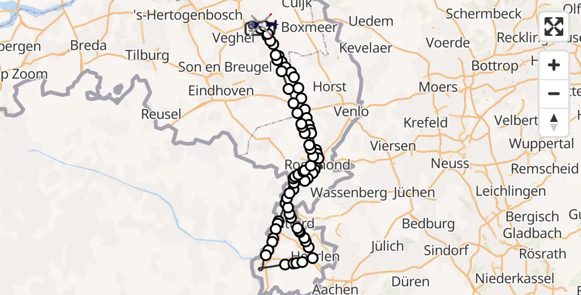Vluchtroute Politiehelikopter van Vliegbasis Volkel naar Vliegbasis Volkel