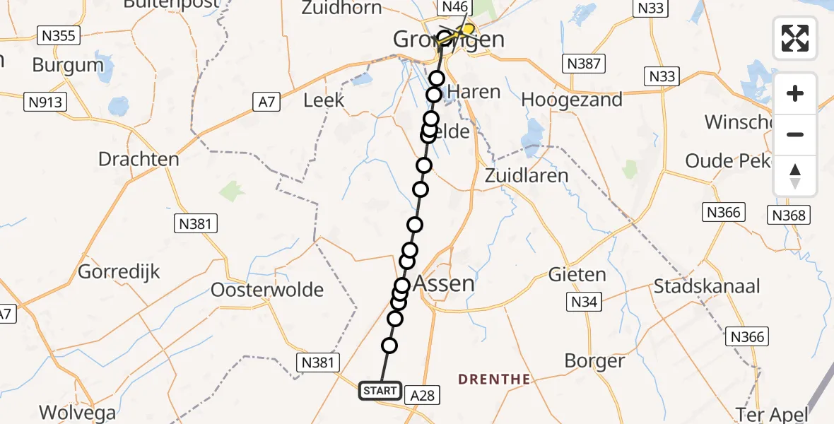 Routekaart van de vlucht: Lifeliner 4 naar Universitair Medisch Centrum Groningen, Oranjekanaal N.Z.