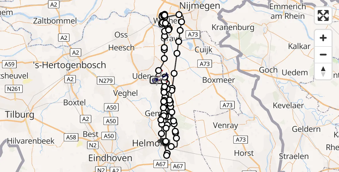 Vluchtroute Politiehelikopter van Vliegbasis Volkel naar Vliegbasis Volkel