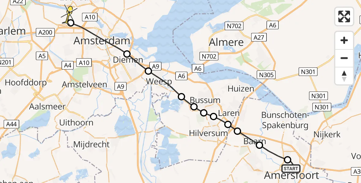 Routekaart van de vlucht: Lifeliner 1 naar Amsterdam Heliport, Schothorsterlaan