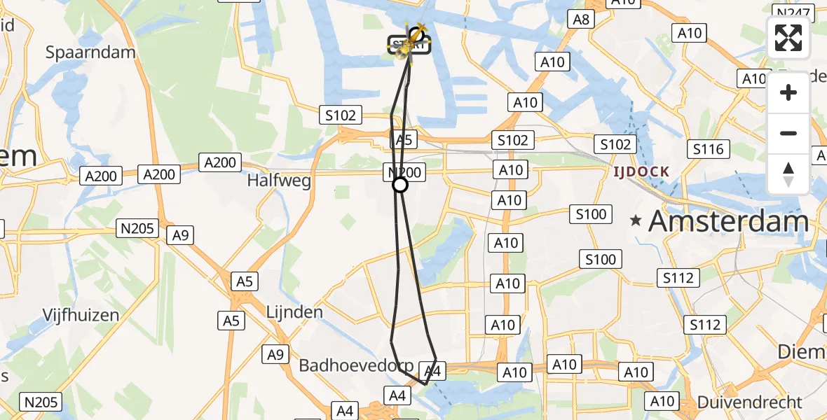 Vluchtroute Traumahelikopter van Amsterdam Heliport naar Amsterdam Heliport