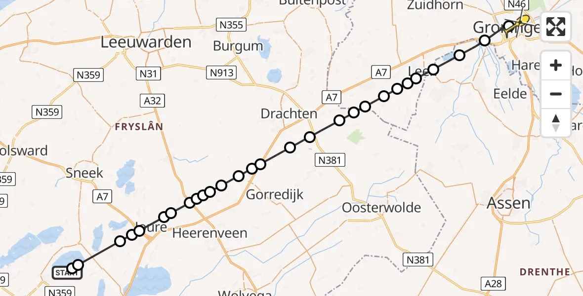 Routekaart van de vlucht: Lifeliner 4 naar Universitair Medisch Centrum Groningen, De Stikels