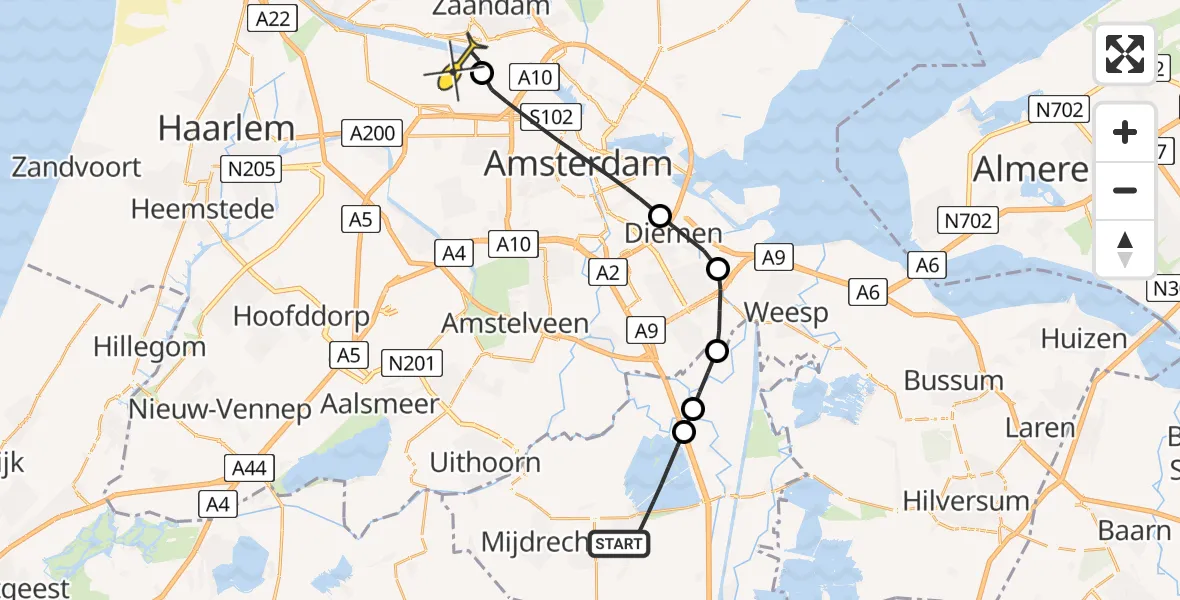 Routekaart van de vlucht: Lifeliner 1 naar Amsterdam Heliport, Provinciale weg