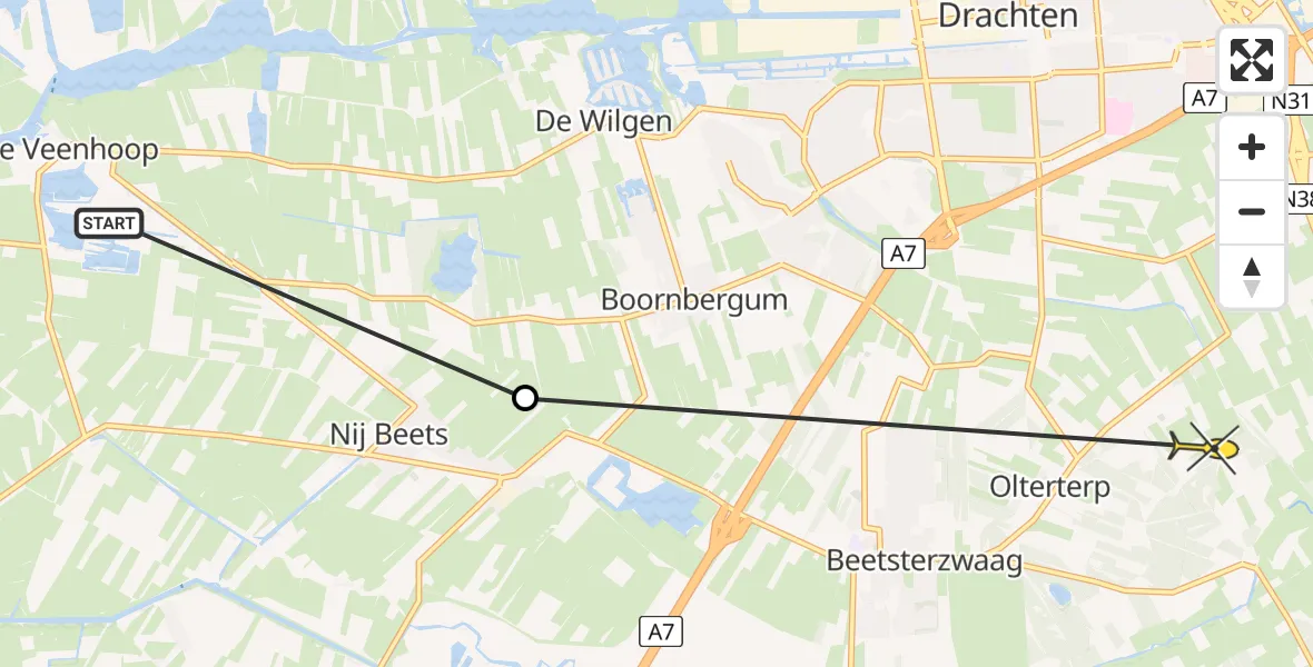 Routekaart van de vlucht: Ambulancehelikopter naar Olterterp, Tolhekbuurt