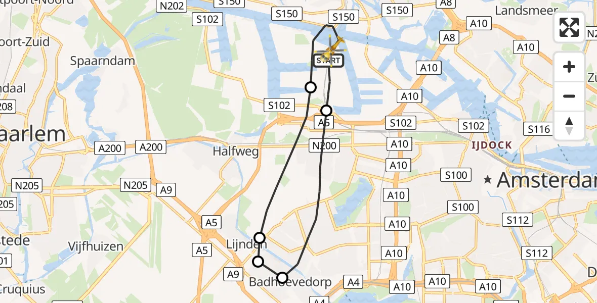 Vluchtroute Traumahelikopter van Amsterdam Heliport naar Amsterdam Heliport