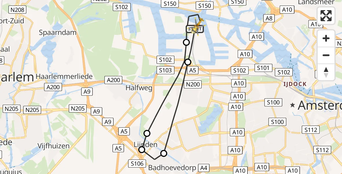 Routekaart van de vlucht: Lifeliner 1 naar Amsterdam Heliport, Nieuw-Zeelandweg