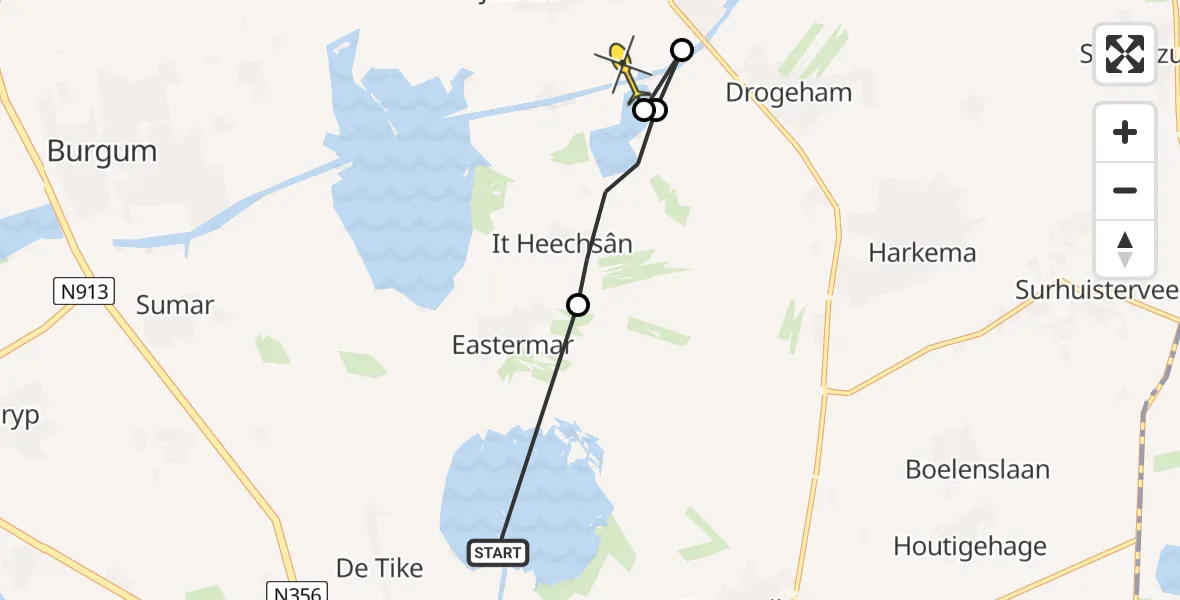 Routekaart van de vlucht: Ambulancehelikopter naar Kootstertille, Seadwei