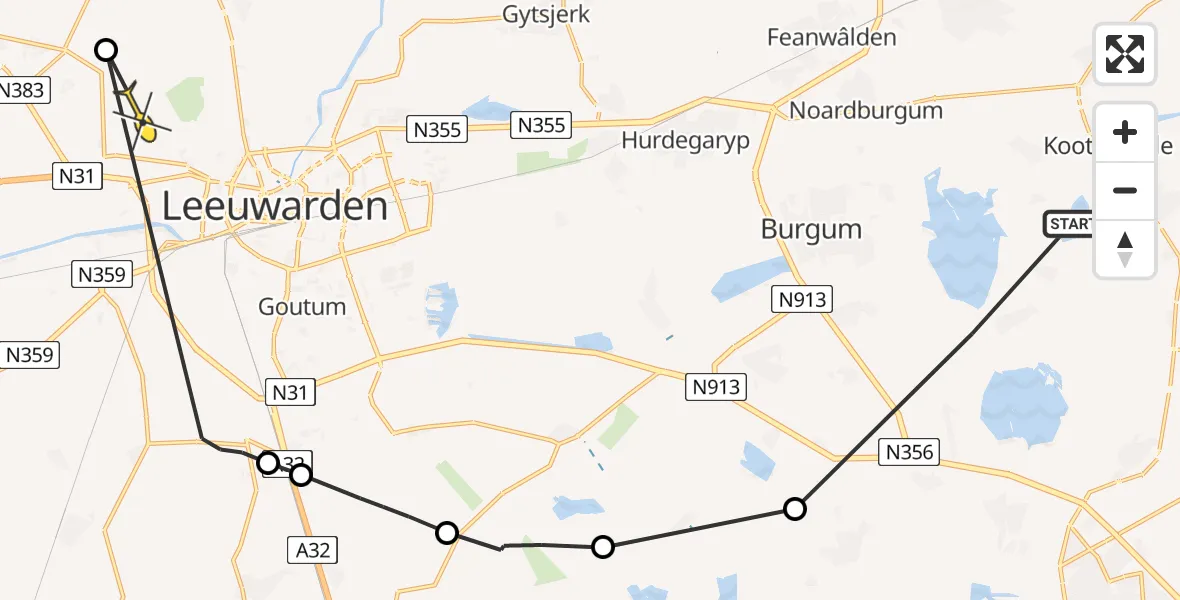 Routekaart van de vlucht: Ambulanceheli naar Vliegbasis Leeuwarden, Sumarderwei
