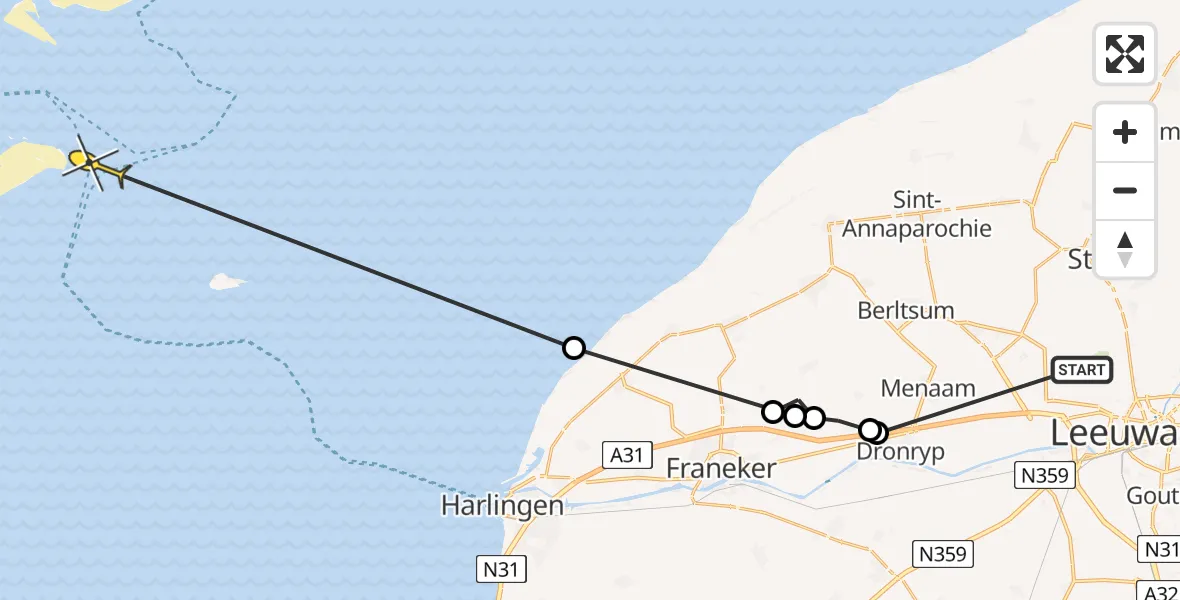 Routekaart van de vlucht: Ambulanceheli naar West-Terschelling, Skingsterdyk