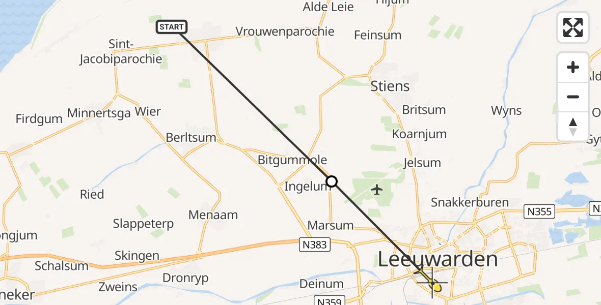 Routekaart van de vlucht: Ambulancehelikopter naar Leeuwarden, Sirtemawei