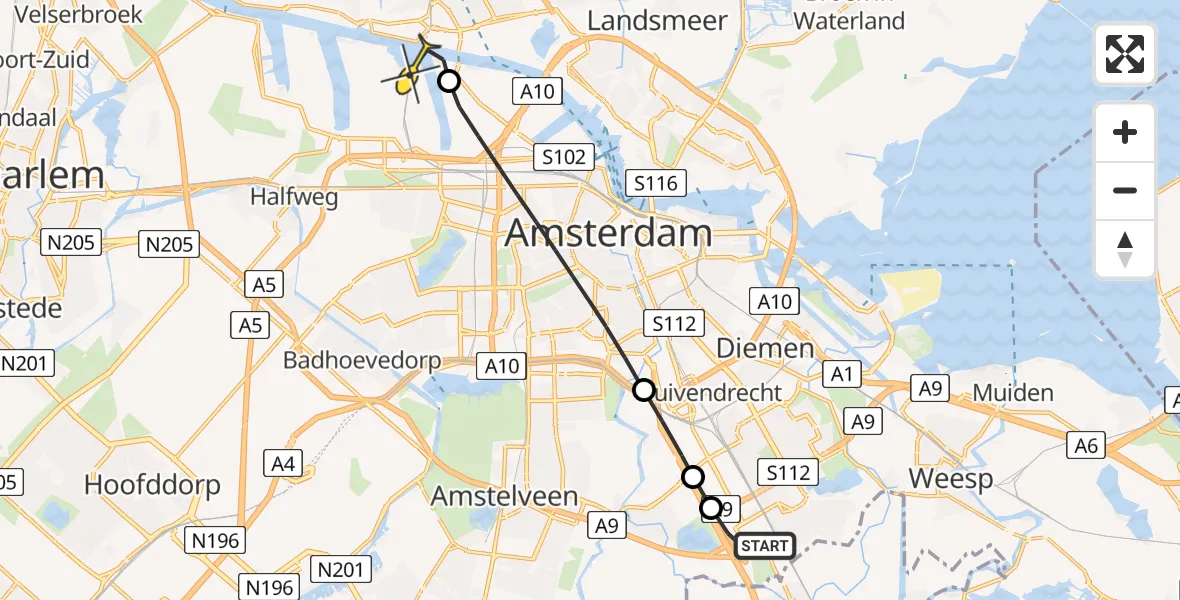 Routekaart van de vlucht: Lifeliner 1 naar Amsterdam Heliport, Schepenbergweg