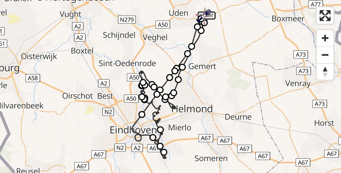 Vluchtroute Politiehelikopter van Vliegbasis Volkel naar Vliegbasis Volkel